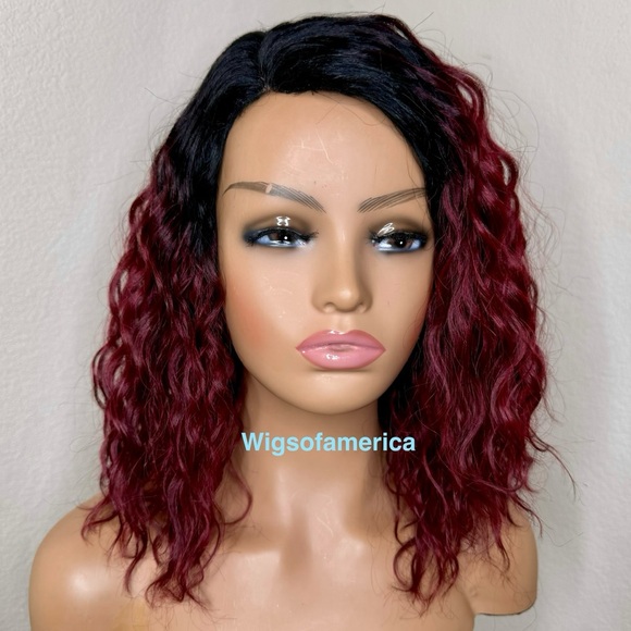 Bob wig Red burgundy wig ombré black side part 14 inches - Picture 2 of 7